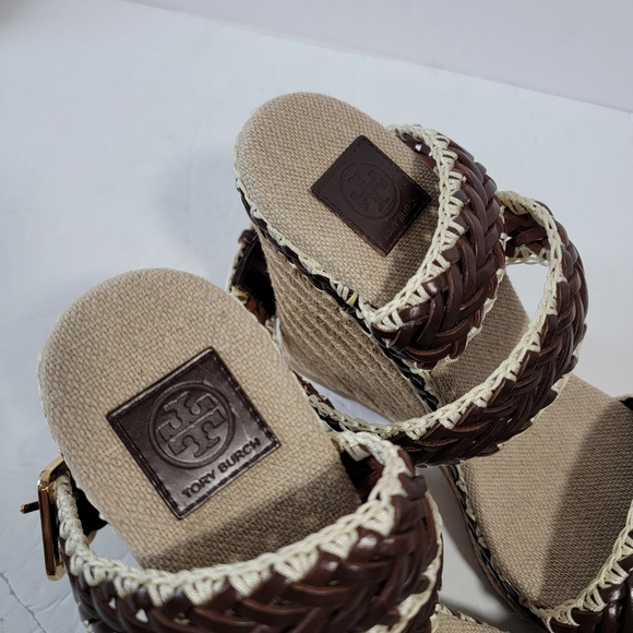 NEW Tory Burch Brown Woven Leather Paloma Ankle Strap Espadrille Wedge Sz 37.5 - Picture 6 of 12